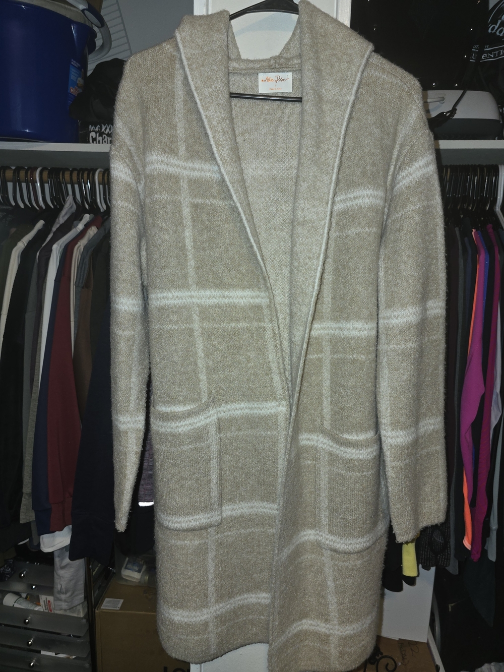 Allie Rose Cozy Open-Front Hooded Plaid Long Cardigan Sweater